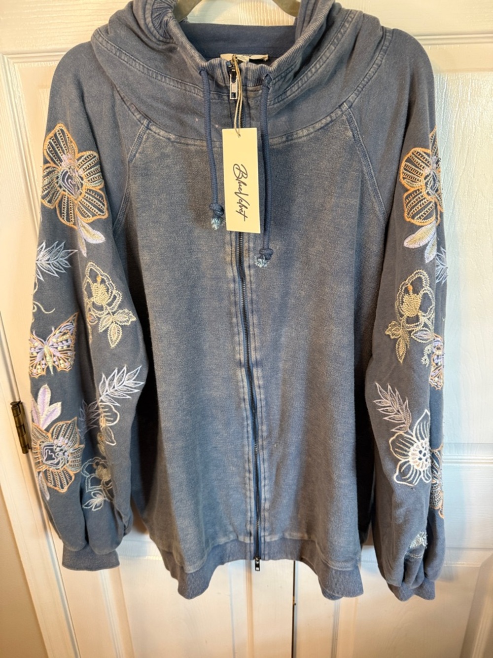 Blue Velvet Embroidered Zip-Front Bomber Jacket